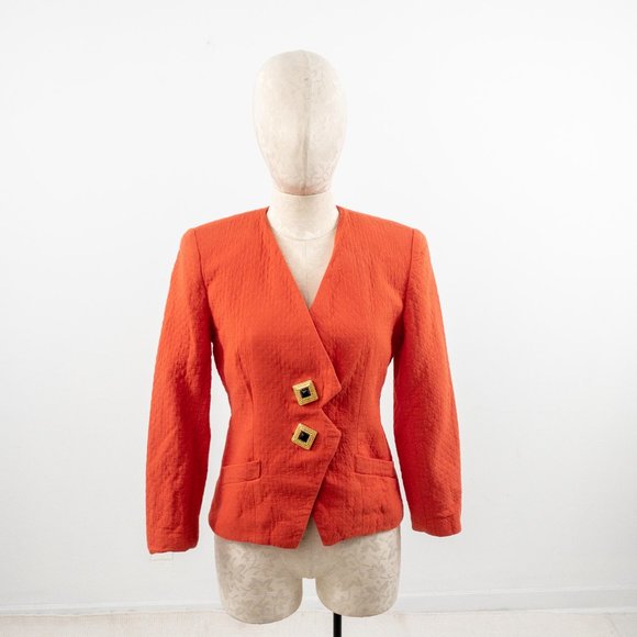 Vintage 80s S/M Quilted Blazer Jacket Orange - Picture 4 of 11